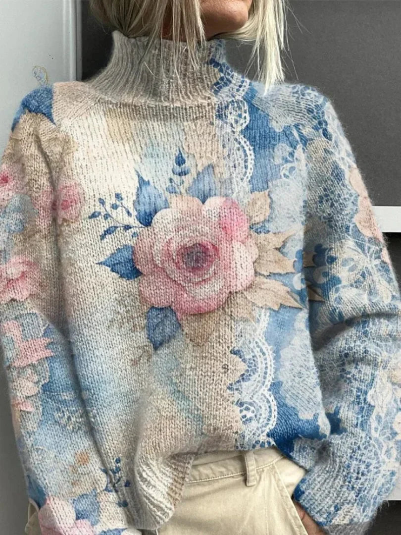 Roos - Strikket rullekravetrøje med blonder